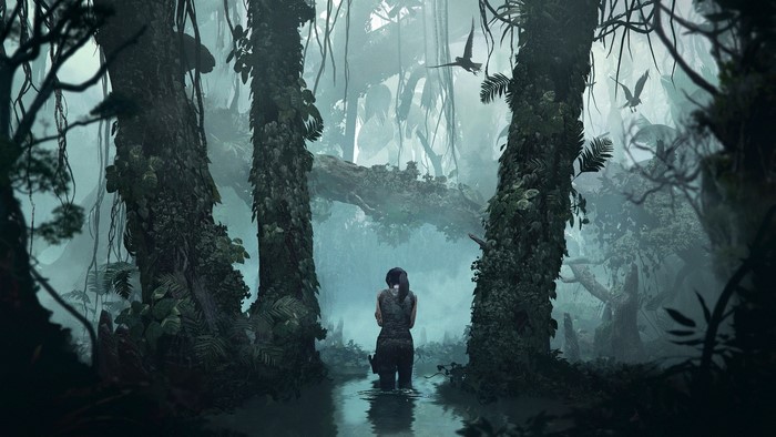 Lara Croft in a misty jungle from Shadow of the Tomb Raider