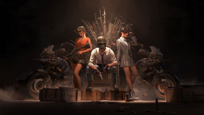 PUBG characters sitting on a throne of guns
