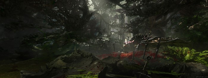 Concept art of a dark forest with blood