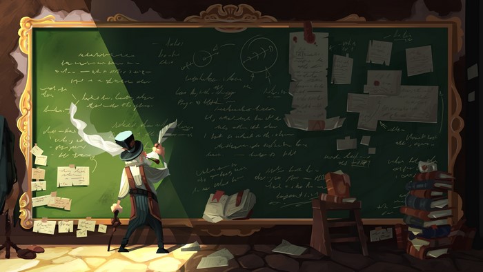 Man with pipe and quill at chalkboard