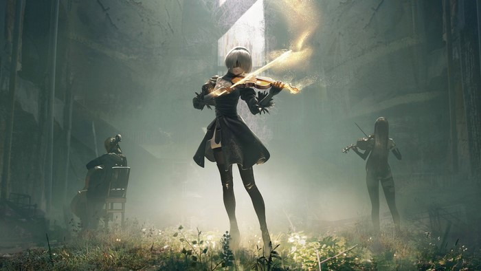 YoRHa 2B and companions playing violins in Nier: Automata