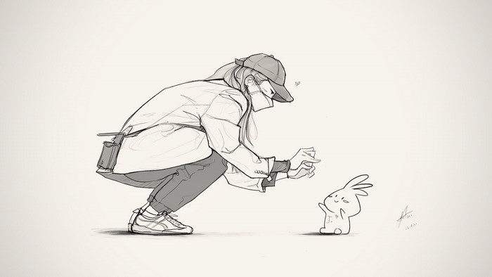 Anime girl in mask and cap interacting with a cute creature