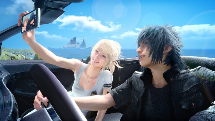 Lunafreya and Noctis from Final Fantasy XV taking a selfie