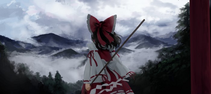 Hakurei Reimu from Touhou in a mountain landscape