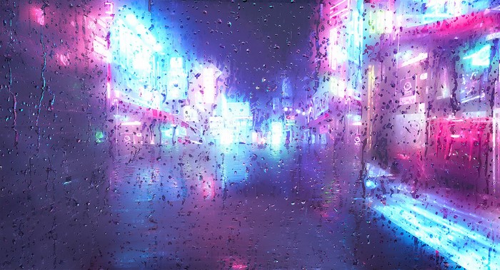 Rainy night city street with neon lights