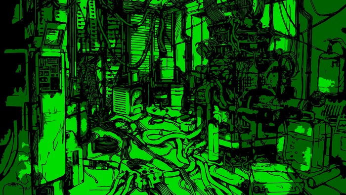 Cyberpunk room with wires and machines, green artwork