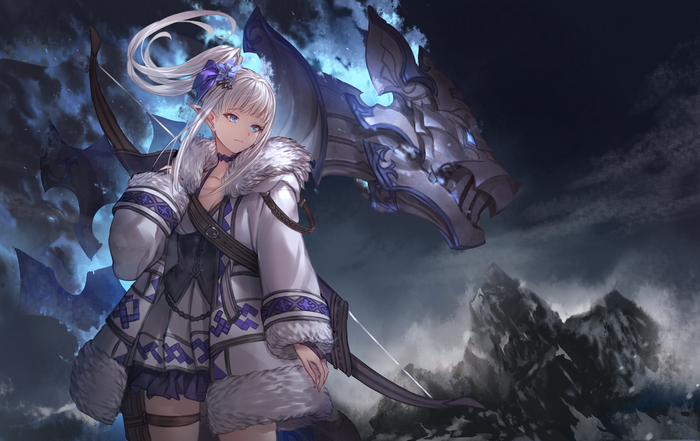 Elf girl with bow and dragon companion in snowy mountains
