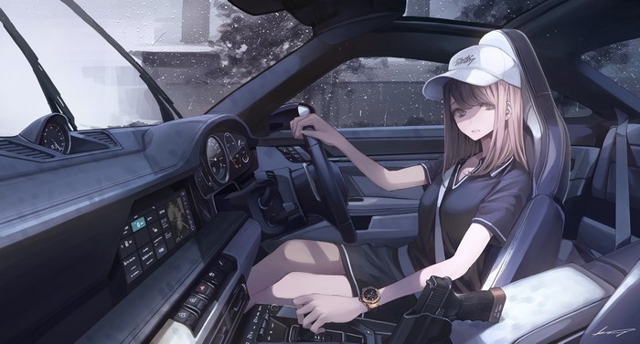 Anime Girl Driving Porsche 911 in Rain