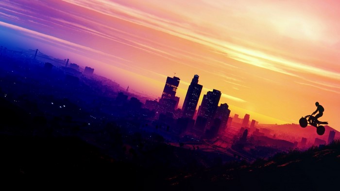 GTA V: ATV jump over Los Santos cityscape at sunset
