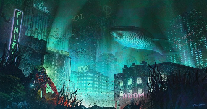 Big Daddy and whale in underwater city, BioShock