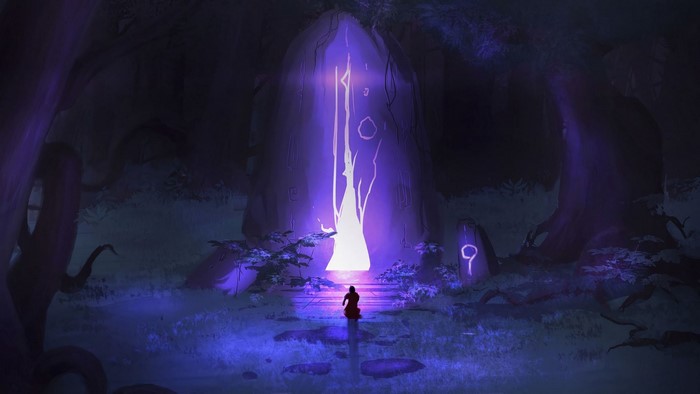 Fantasy forest with glowing portal and runes