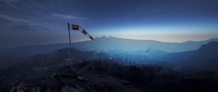Far Cry 5 landscape with windsock at dusk