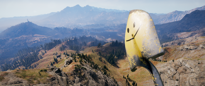 Far Cry 5 shovel with smiley face overlooking mountains