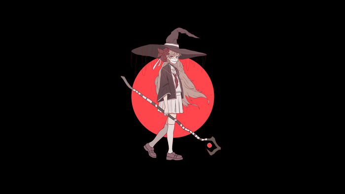 Anime girl with witch hat and staff on black background