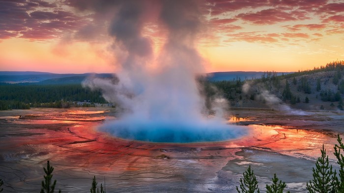 Grand Prismatic Spring at Yellowstone National Park during sunset