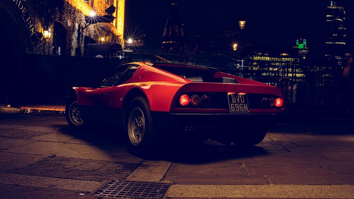 Red Ferrari 365 GT/4 BB parked at night in London