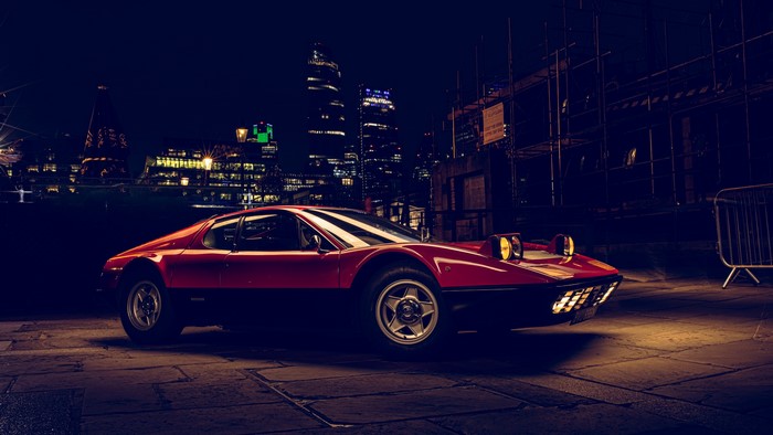 Red Ferrari 365 GT/4 BB parked at night in London