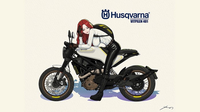 Anime girl with red hair on a Husqvarna Vitpilen 401 motorcycle