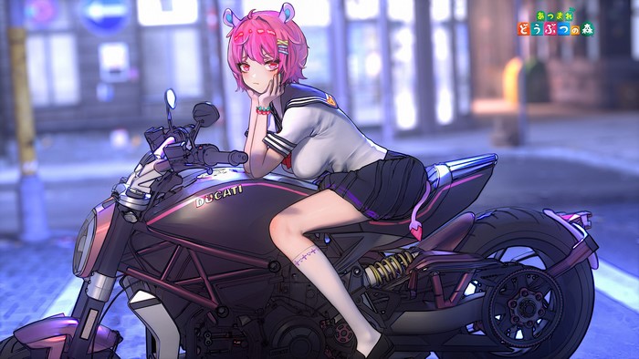 Anime girl with pink hair on a Ducati motorcycle