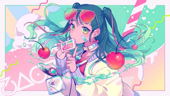 Anime girl with blue hair and red glasses holding a 'LOVE' card