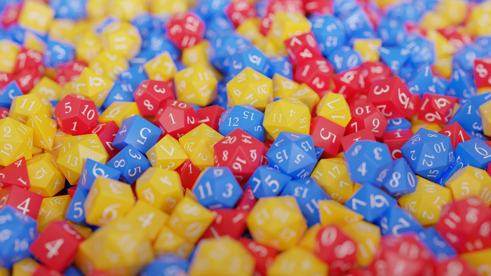 Pile of colorful polyhedral dice for Dungeons and Dragons