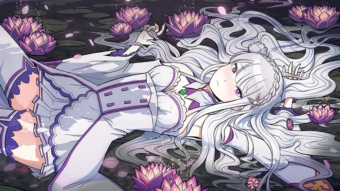 Emilia from Re:Zero lying in water with water lilies