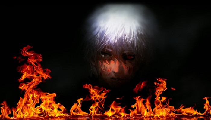 Kaneki Ken from Tokyo Ghoul with fire