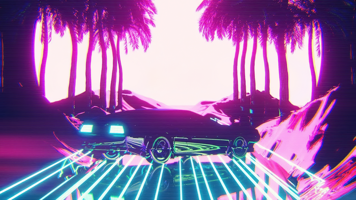 Cyberpunk Retrowave car with palm trees and neon lights