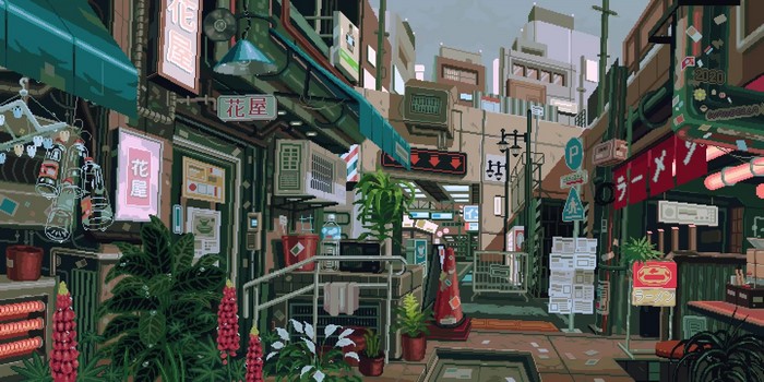 Pixel art of a Japanese alleyway with shops