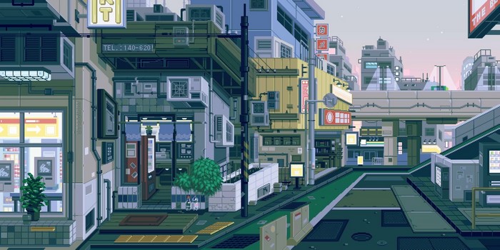 Pixel art cityscape with buildings and signs