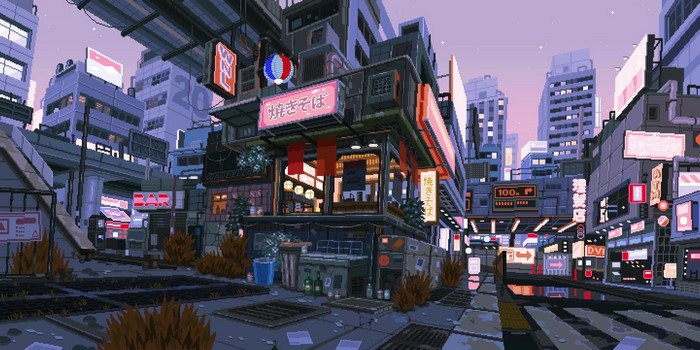 Pixel art cyberpunk city street with ramen shop