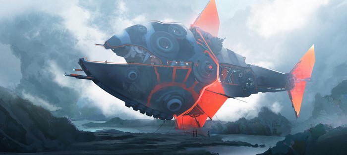 Fantasy art of a Barracuda spaceship by Leon Tukker