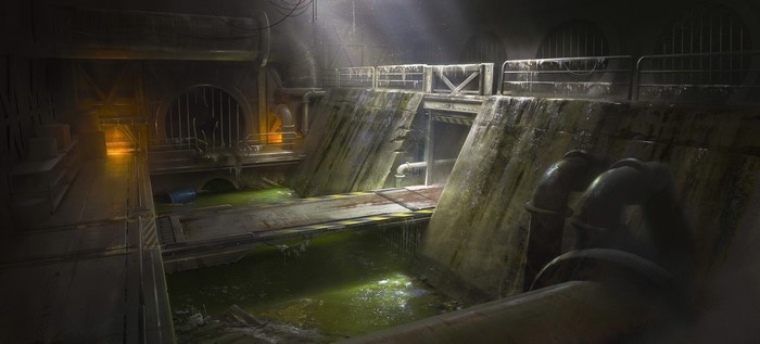Artwork of a dark, grimy sewer system with green water