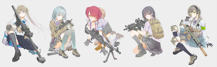 Anime girls with military weapons and school uniforms