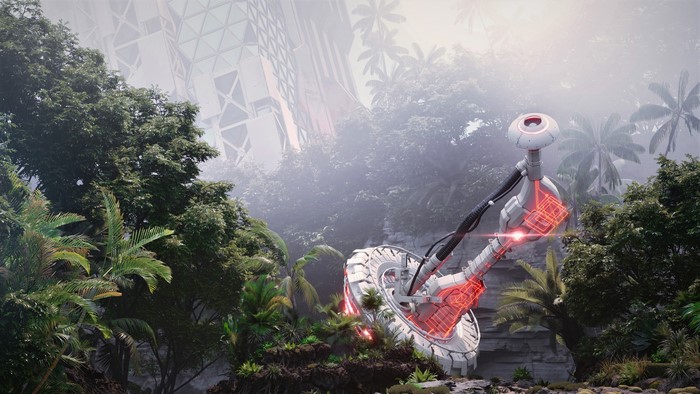 Futuristic satellite in a jungle with a futuristic building
