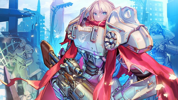 Anime girl in power armor with a gun