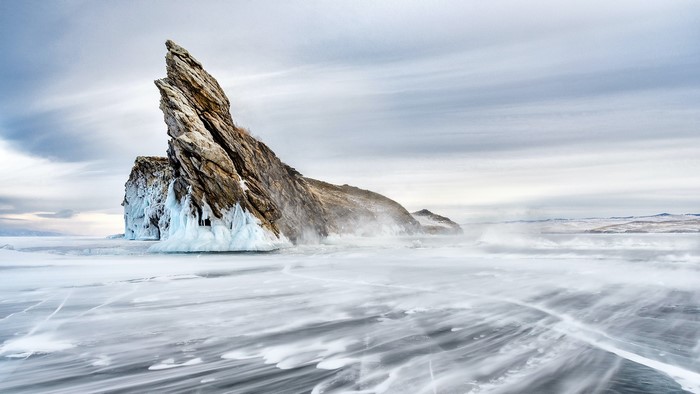 Rock formation on frozen Lake Baikal, Russia