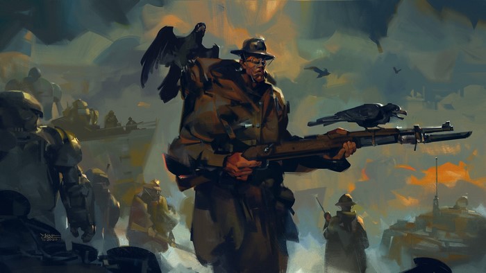 Soldier with crows and rifle in a war-torn landscape