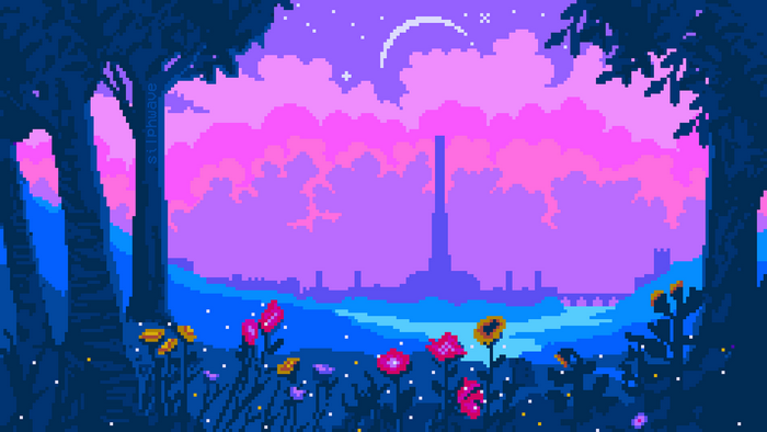 Pixel art landscape with flowers and distant city