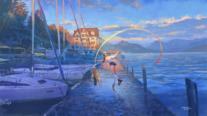Girl on roller skates on a pier with yachts and buildings