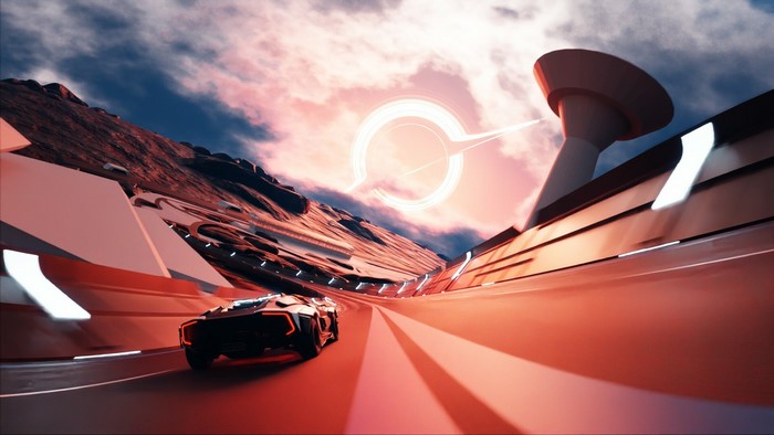 Futuristic car racing on a neon track