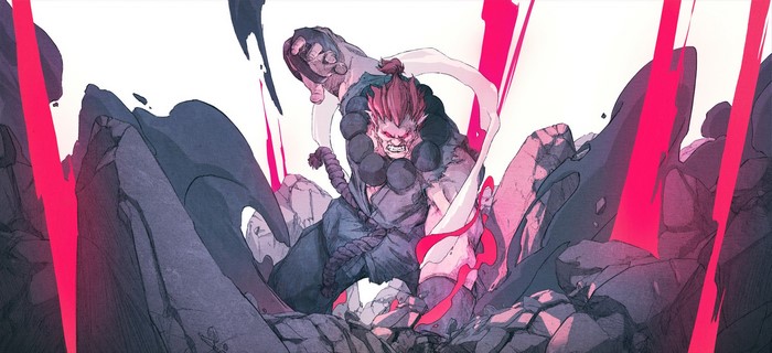 Akuma from Street Fighter in a rocky landscape