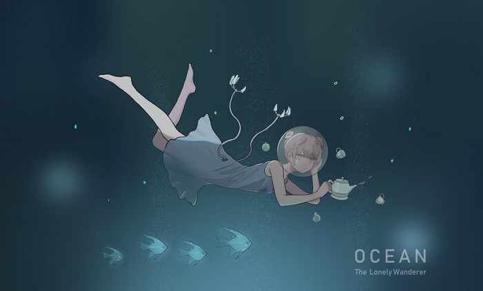 Anime girl in helmet underwater with teapot