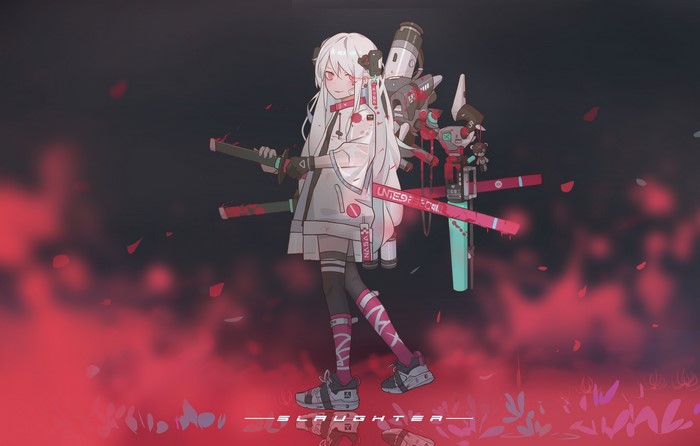 Anime girl with katanas and cybernetic backpack
