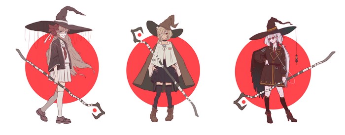 Three anime witches with staffs and hats