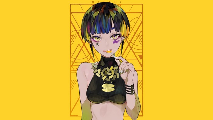 Anime girl with colorful hair and lollipop