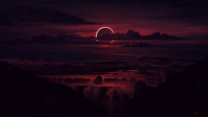 Solar eclipse over a dark, misty landscape