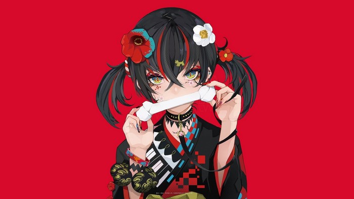 Anime girl with bone on red background