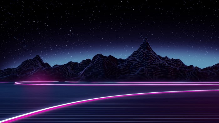 Retro futuristic landscape with neon mountains and stars