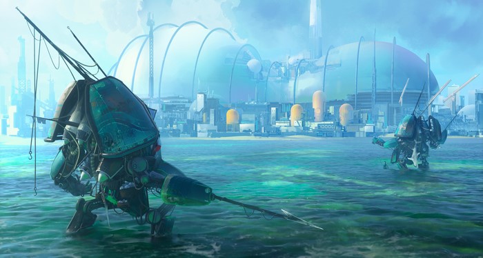 Mechs with harpoons in a futuristic sea city